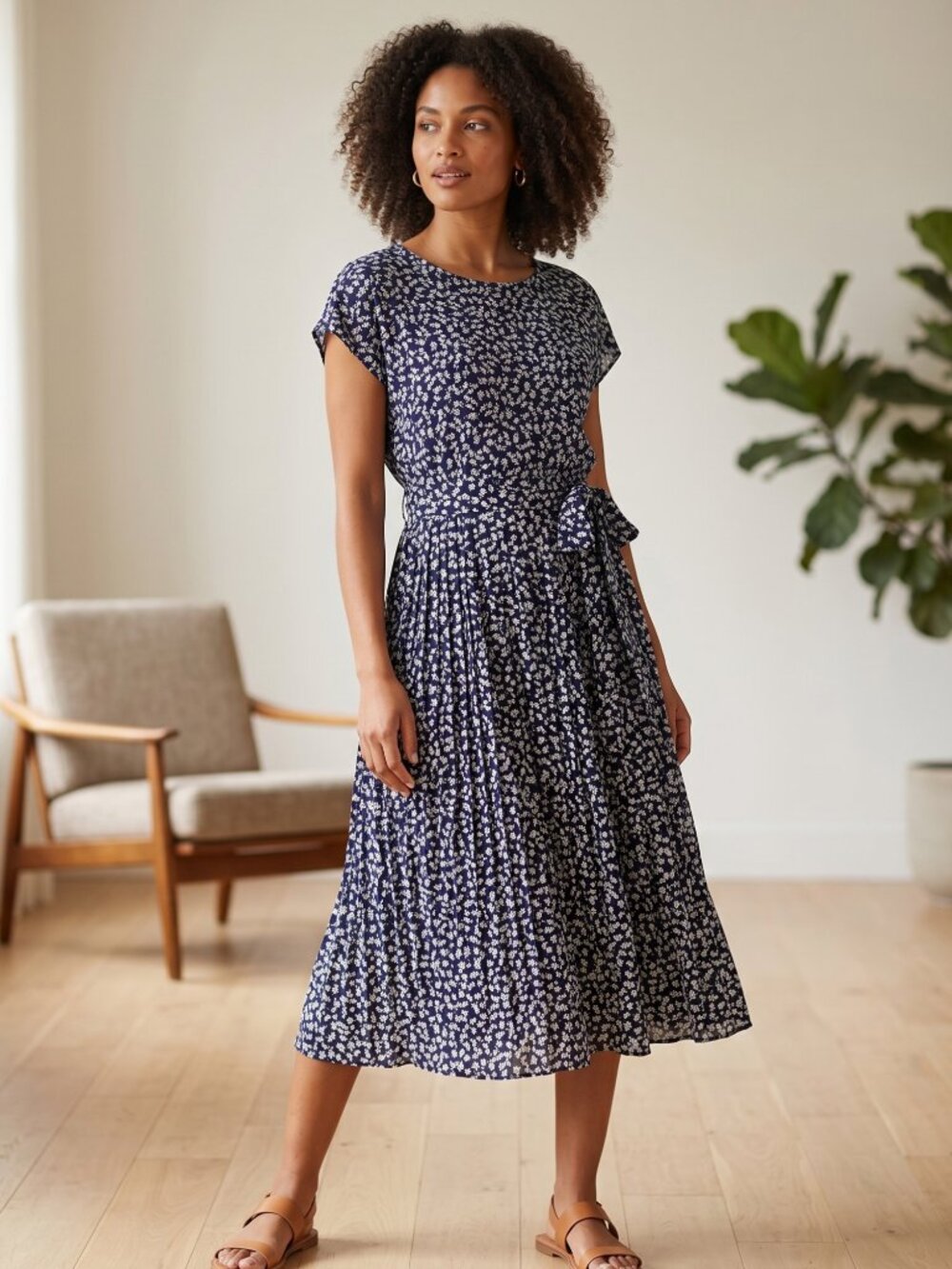 NWT | IDOPIP | Navy Blue White Floral Pleated Midi Dress with Matching Belt | La